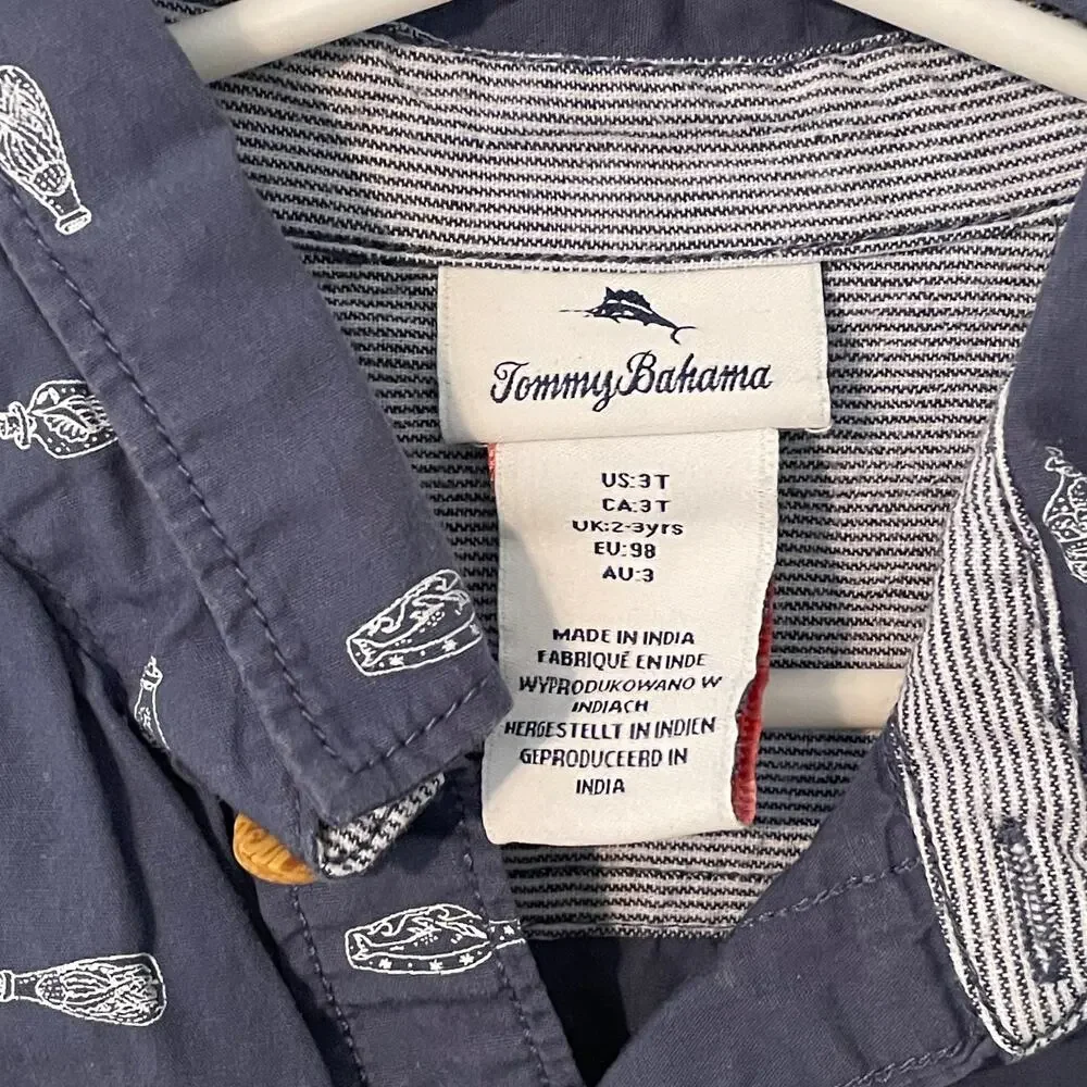 Tommy Bahama Nautical Button Shirt Boys Size 3T Blue Coastal Ship in Bottle
